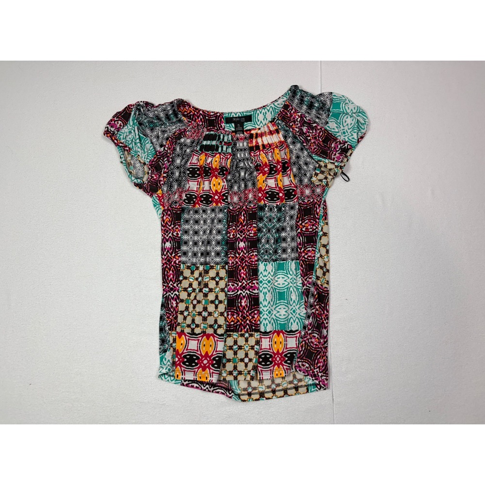 Style & Co Petite Large PL Geometric Patchwork Short Sleeve Top Multi-Color